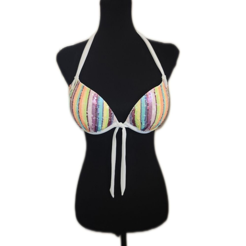 Victoria's Secret White Padded Bikini Top, Colorful Sequin Stripes, 36C